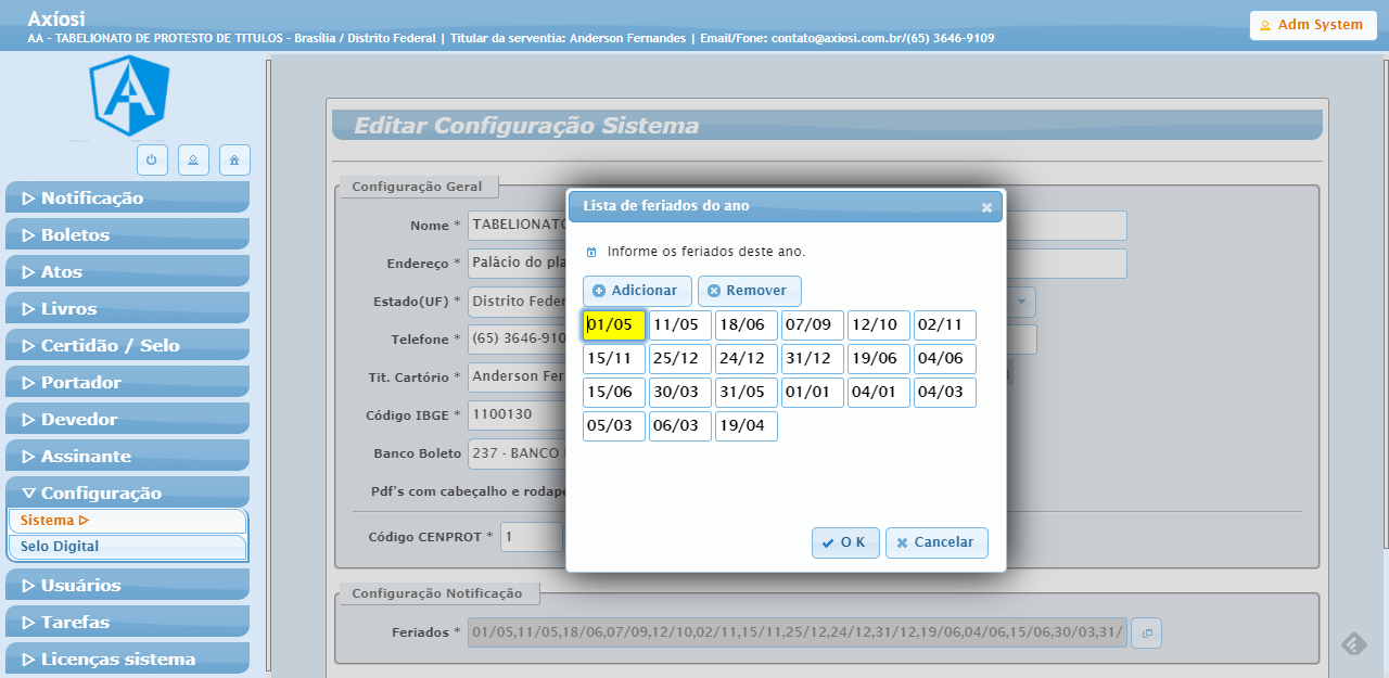 Configuração sistema