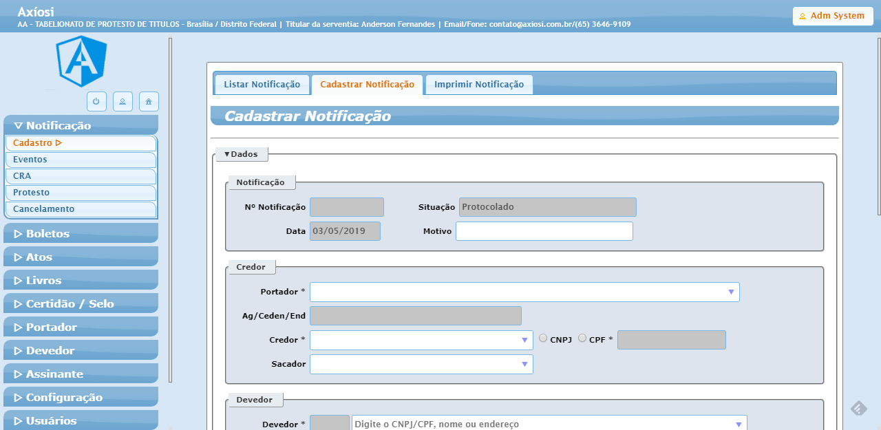 Cadastro de notificação